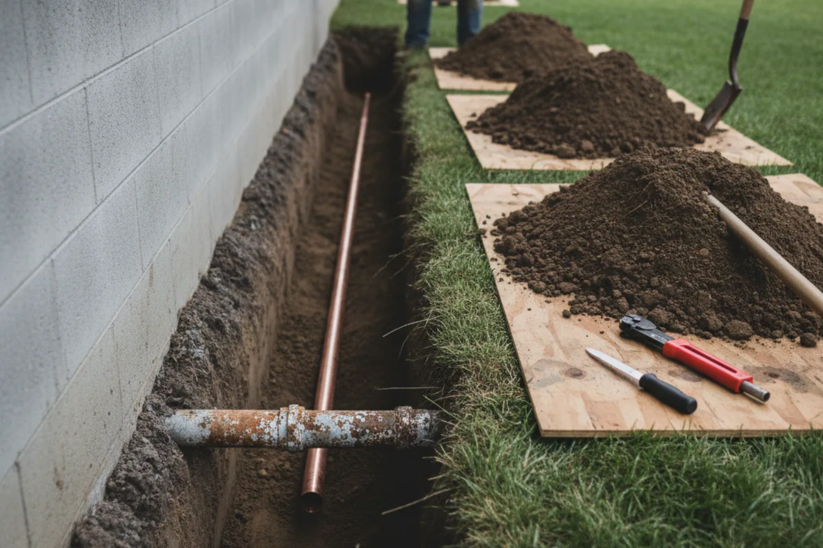 Excavated water line trench during Sewer Line Repair in Sea Island